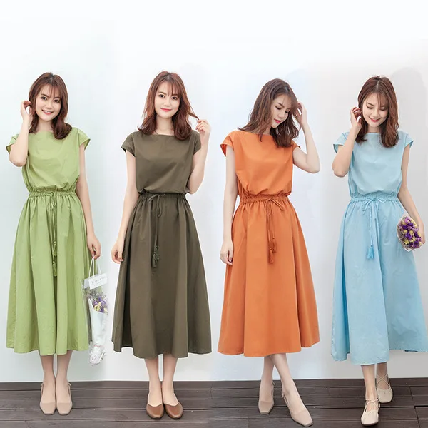 New Summer 2022 Large Women Short Sleeve Drawstring Tassel Dresses Solid  Color Cotton Linen O-neck Loose Waist Midi Long Dress - Buy Wholesale 2021 