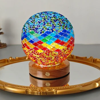 China Wholesale Mediterranean Night Light New Turkish Mosaic Ambient LED Glass Wooden Seat Warm White Bedroom Bedside Decorative