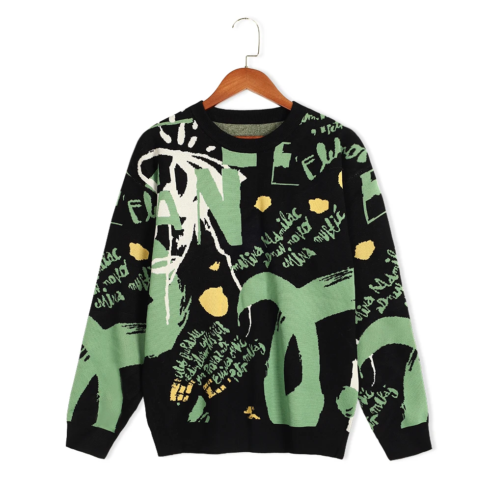 High Quality Designer O-neck Long Sleeve Graffiti Knit Pullover Street ...