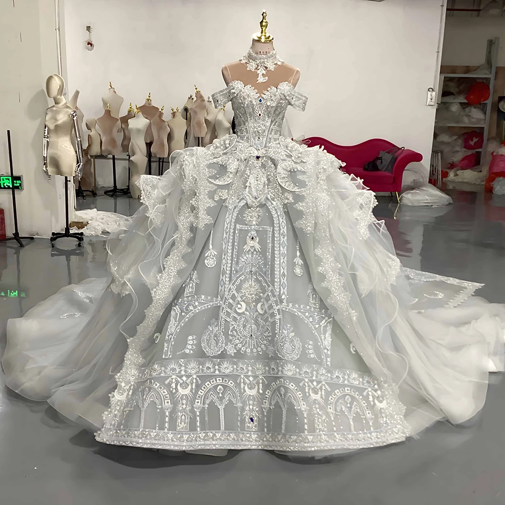 Elegant Wedding Dresses Fancy Off the Shoulder Vintage Royal Train Beaded  Appliques Lace Princess Bride Gowns Lsmx100
