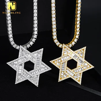 Jewish Star Of David Pendant Charms Pentagram Custom Jewelry Manufacturers Baguette Cut 925 Moissanite Hip Hop Rock Gifts Idea