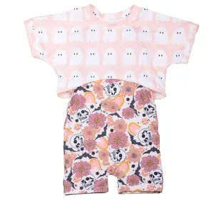 Wholesale Customization Halloween Day Sublimation Set Babys Romper and Purple Leather Material Short Sleeved Top Sets