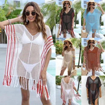 2023 Custom Oem Odm Summer Ladies Dress Woman Casual Dress Beach Hollow Out Crochet Tassel Dress