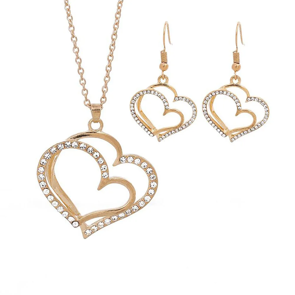 Women's Double Love Heart Shaped Earrings Necklace Bracelet Set Valentine's Day Gift Wedding Dinner Party Accessories Silver White Golden Two-Tone Beautiful Jewelry Set 