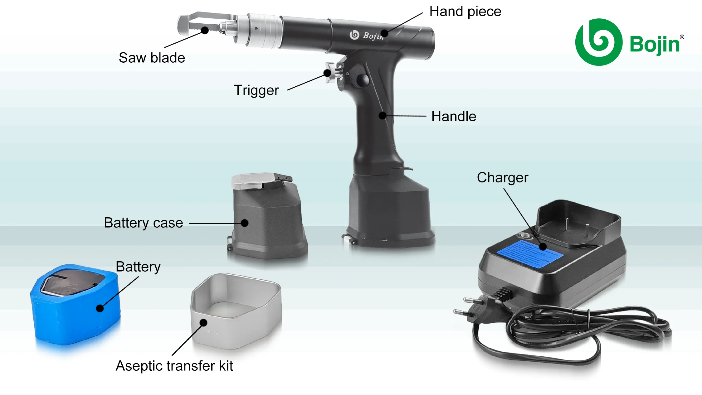 Dedicated Sawing Solution for Sternum Surgery  The BJ5506 Sternum Saw is a battery-powered surgical instrument developed for procedures requiring controlled sternum cutting. Its dedicated configuration is intended to support efficient bone division during sternum-related surgical procedures while giving the surgical team greater freedom of movement in the operating environment.  The system combines a high-speed oscillating mechanism with a purpose-built saw blade configuration, providing a practical option for surgical teams that require dependable cutting performance and convenient instrument handling.  High-Frequency Oscillation for Efficient Bone Cutting  The BJ5506 provides a maximum power output of 200 W and supports oscillation speeds of 15,000 and 12,000 oscillations per minute. These operating levels allow medical professionals to select an appropriate cutting mode according to the requirements of the procedure.  High-frequency reciprocating movement can contribute to efficient bone cutting and responsive blade control. The instrument is designed to provide consistent mechanical output during operation, helping support a smooth workflow when repeated or carefully guided cutting is required.