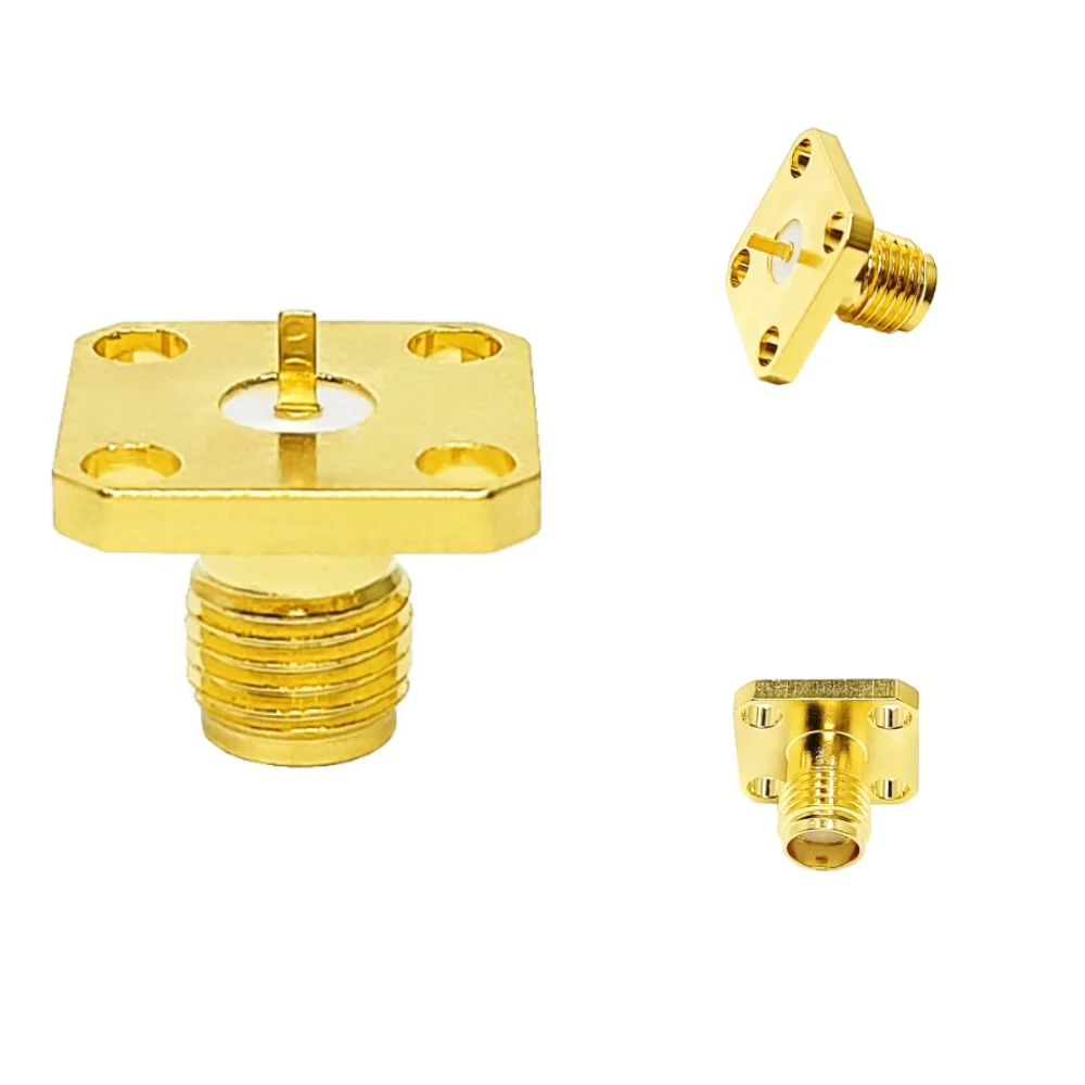 Connecteur coaxial RF SMA femelle, bride à 4 trous, soudure, en cuivre, dimensions 12,5 × 12,5 mm — connecteur disponible en stock