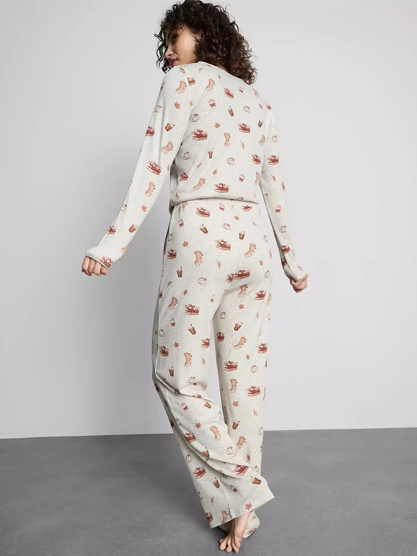 Womens Polyester Spandex Pajama Set Long Sleeve Round Neck Allover Print Lounge Wear Sleepwear Autumn Winter — detail
