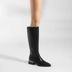 Moncheer Women's Black Knee-High Riding Boots  Low Block Heel Dress Boots with Metal Accent Knee High Boots with Side Zipper