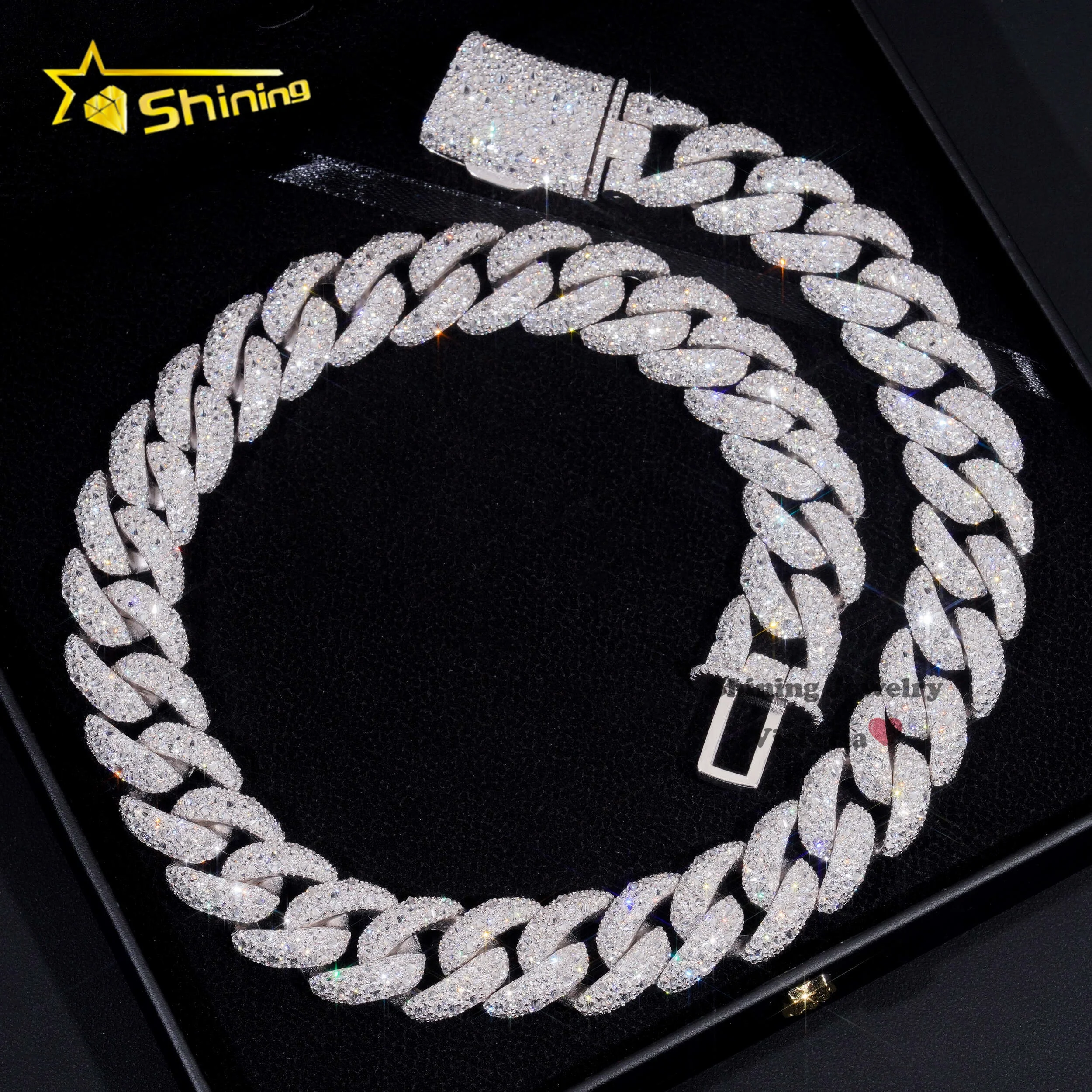 Rapper Hip Hop Jewelry Prong Setting GRA 925 Sterling Silver White Gold  Plated Miami Moissanite Diamond 20MM Mosaic Cuban Chain