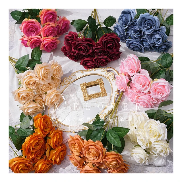 Simulation 9 head rose European autumn rose wedding flower arrangement decorative props simulation flower retro foreign trade