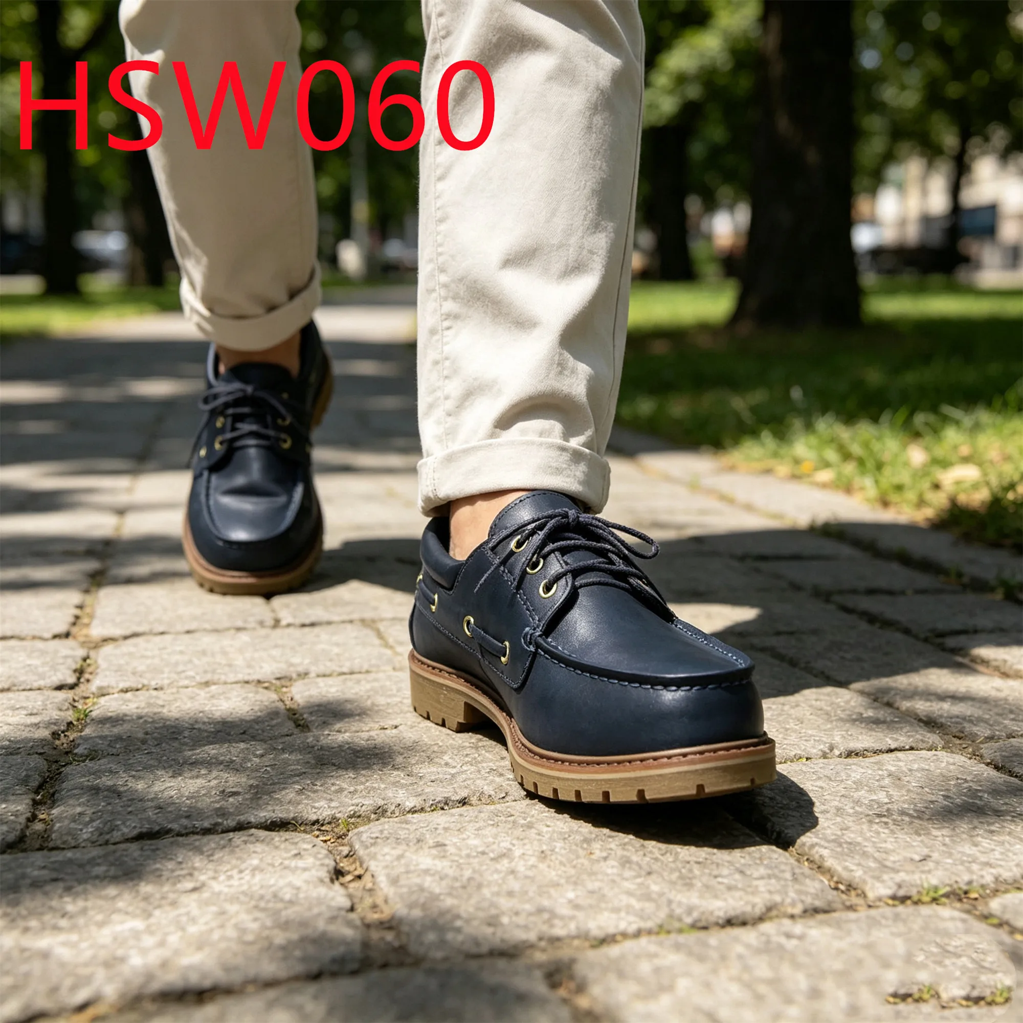 HY,City Walking Waxed Laces Design Moccasin Style Hua Singh Boat Shoes Wide Fit Casual Blue Loafer Shoes with Thick Sole HSW060