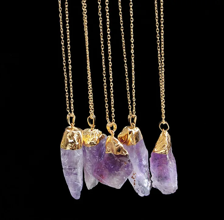 Multi Color Natural Stone Crystal Plain Stone Pendant with Gold Alloy Chain for Sweater Gemstone Raw Rocks Necklace