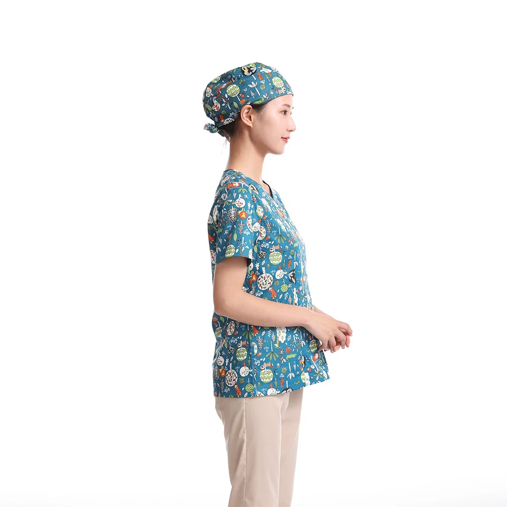 100% Cotton Tree Animal Printing Women Scrub Doctor Nurse Hospital Uniform Scrub Sets Fashionable Medical Uniform Doctor Uniform