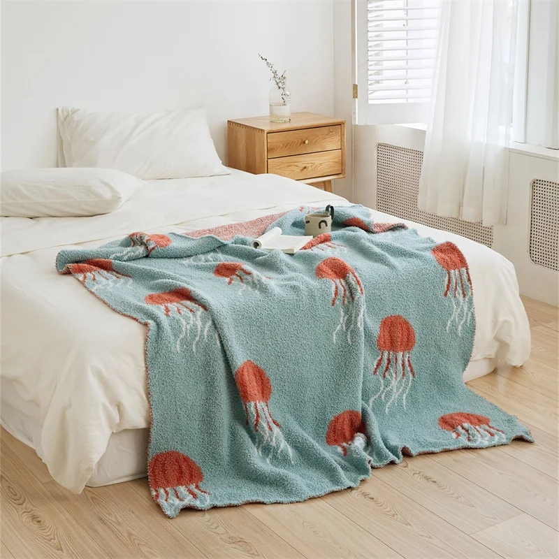 Super Cozy 100%Polyester  Jellyfish Jacquard knitted Microfiber Blanket For Home Decor sofa HW details