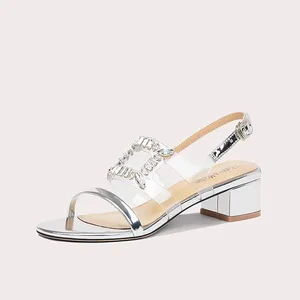 Summer New Edition Sandals Thick Heel Open Toe Middle Heel Crystal Decoration Chunky Heel Open-toe Sandals Women's Shoes