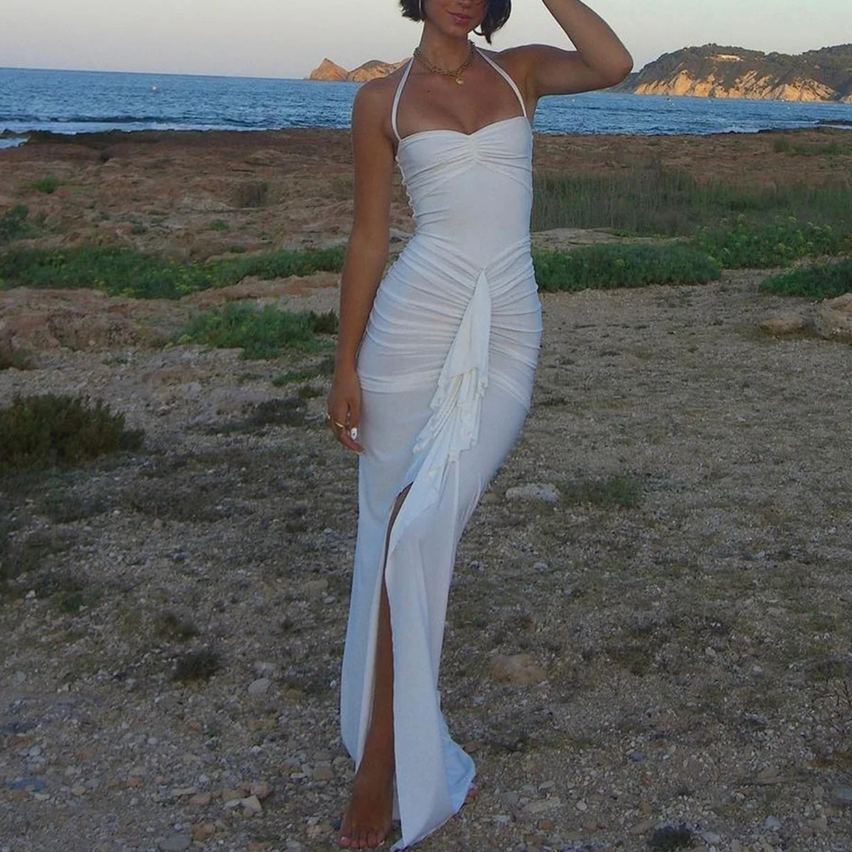 White See-through Halter Long Dress Women's Sexy Backless Bandage Dress  Elegant High Waist Slim Pleated Sleeveless Dress 3005