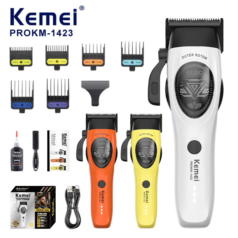 Tondeuse professionnelle pour barbier Kemei Pro Km-1423, batterie 2500 mAh, lame DLC de 0,8 à 2 mm, trois couleurs (rouge, blanc, vert clair), vitesse de rotation de 10 000 tr/min, moteur externe, fournisseur de tondeuses à cheveux