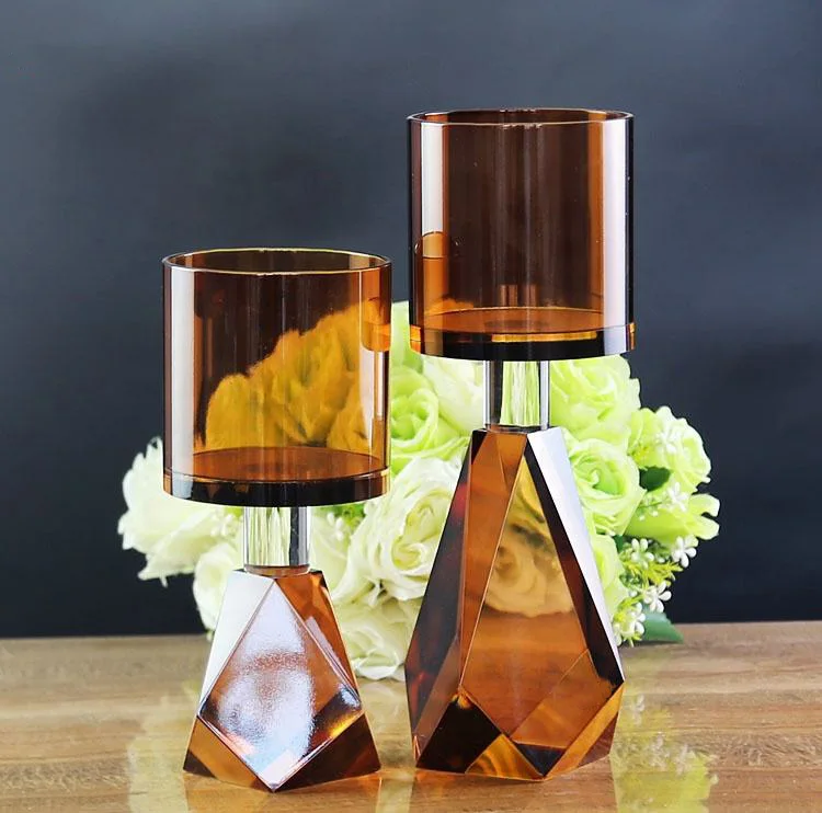 product high quality brown fashionable classic wedding supplies desktop decorations glass crystal candle holders-4