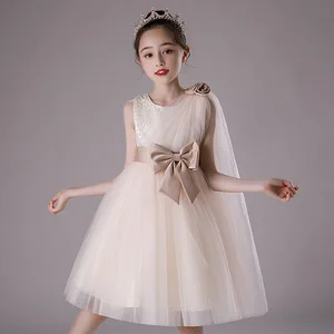 Girls' Short-Sleeved Summer Satin Lace Wedding Dress Princess Performance with ODM Supply Solid Pattern Clothes for Kids