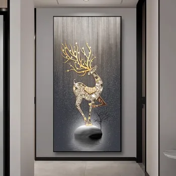 Golden Deer Crystal Decorative Painting Luxury Diamond Animal Wall Art LED Light Modern Home Painting with Frame for Living Room