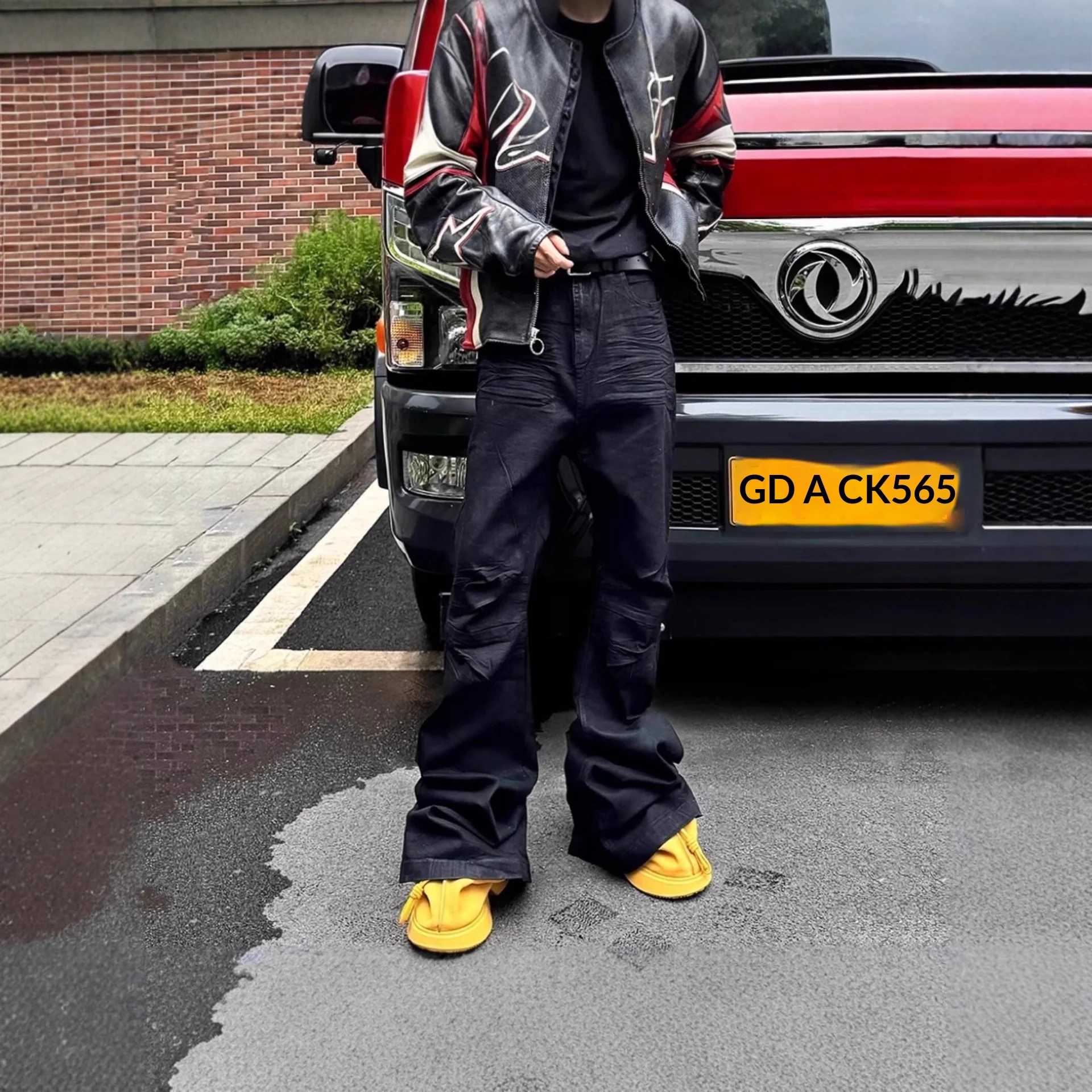 American High Street Vibe Style Niche Handmade Washed Denim Brushed Wax Coating Slim Flared Stretchy Straight Trousers Men