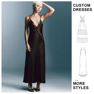 Custom Wholesale Solid Satin Deep V Neck Spaghetti Strap Black Evening Dress Lady Elastic Waist Maxi Dress With Lace