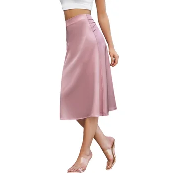Luxury latest fashion design elegant Satin Midi Skirts color custom High Waist Solid Casual Skirt for Women