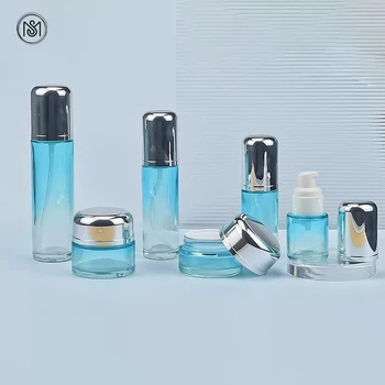 Factory Price 30g 50g 20ml 30ml 40ml 50ml 60ml 80ml 100ml 120ml Blue Glass Lotion Serum Jar Pump Bottle Cosmetic Packaging Set