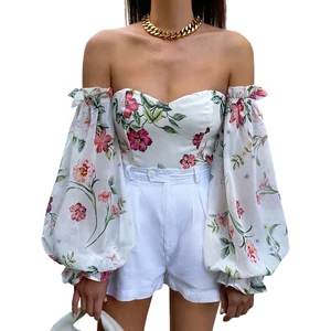 Custom Women's Blouse Summer Female Elegant Casual Plus Size Loose Blouse Women Floral Printed off Shoulder Crop Top for Women