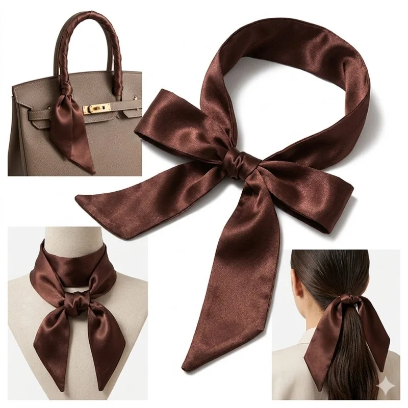 Skinny Scarf Brown Clover Fashion Women Hair Wrap Tie Hand Bag Accessory Gift Tustao Brown Leopard Neck Tie Chic Skinny Scarf Hairband  main image 3
