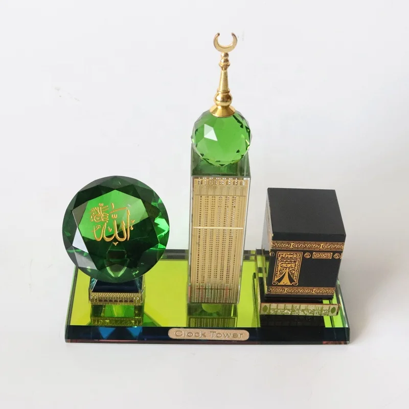 Religious Crystal Glass Makkah Mecca Clock Tower With Diamond Allah Kaaba Islamic Eid Souvenirs Gifts