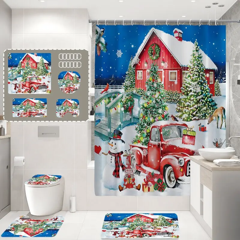 Polyester 3d Digital Printing 4 Pieces  Roll up Snowflake Christmas Shower Curtain Sets for Bathroom