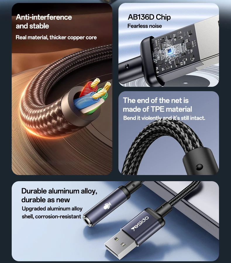 كابل صوت عالي الدقة من Yesido من سبائك الألومنيوم USB إلى من خلال أخذ عينات عالية 48 كيلو هرتز من الصوت YAU46