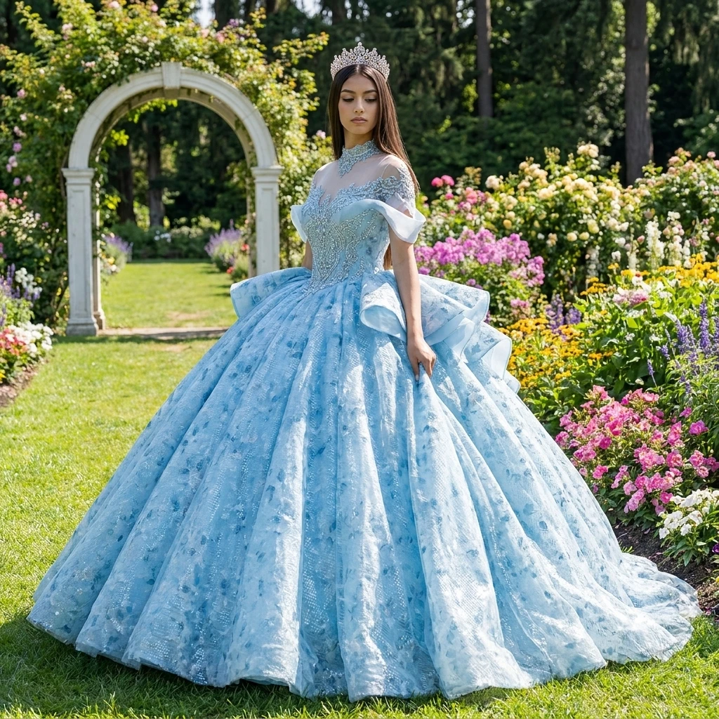 Crystal Sequined Maxi Ball Gown - Sky Blue Quinceanera Dresses