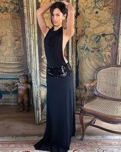 Halter Backless Sexy Maxi Dress for Women Gown Elegant Black Glitter High Waist Sleeveless Club Party Long Dress