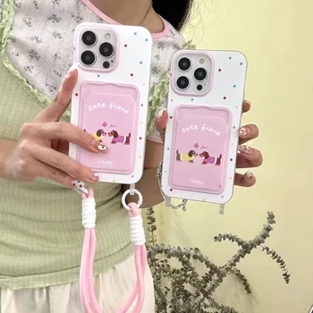 Cute Card Plug Lanyard Polka Dot Dachshund Girl Mobile Phone Case for iPhone 16 15 14 13 12  11Pro Max
