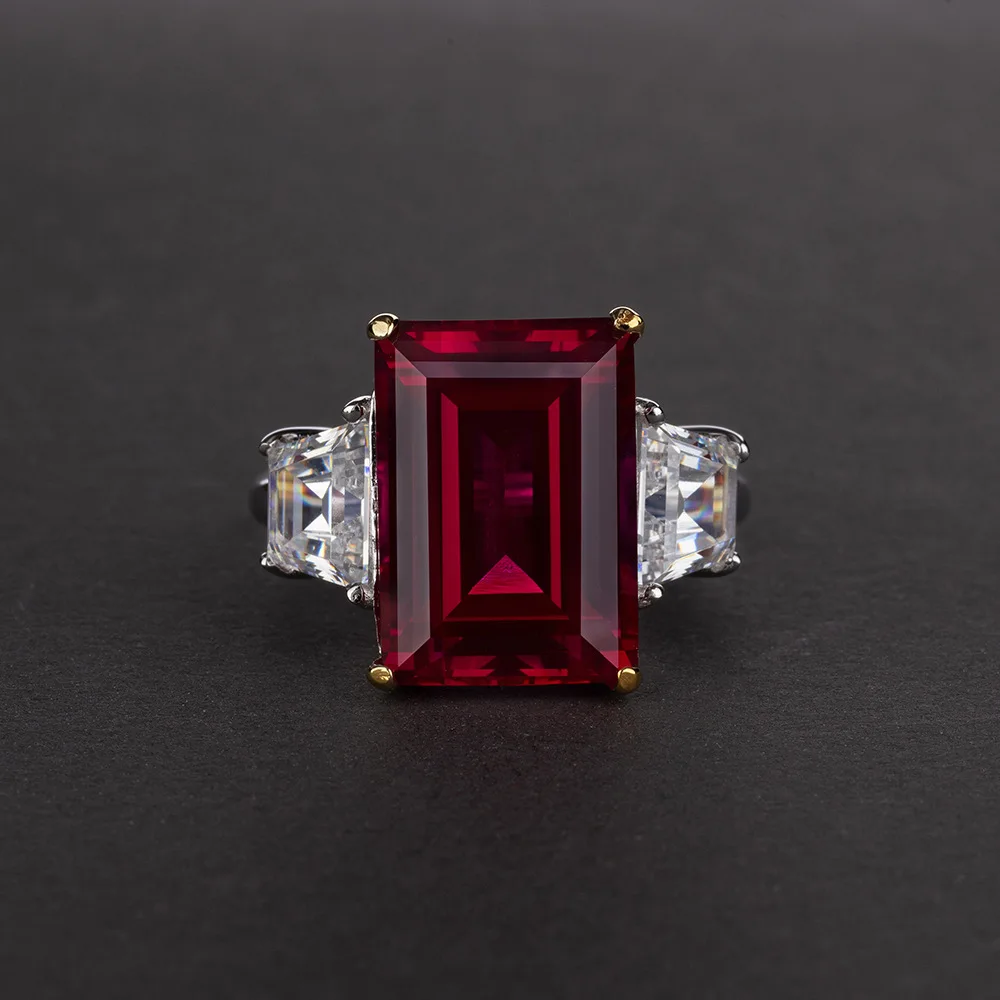 Wine Red 10*14 Artificial Gemstone Sterling Silver Ring Beautiful Zircon 14  CT Simple and Graceful Three Stone Ring