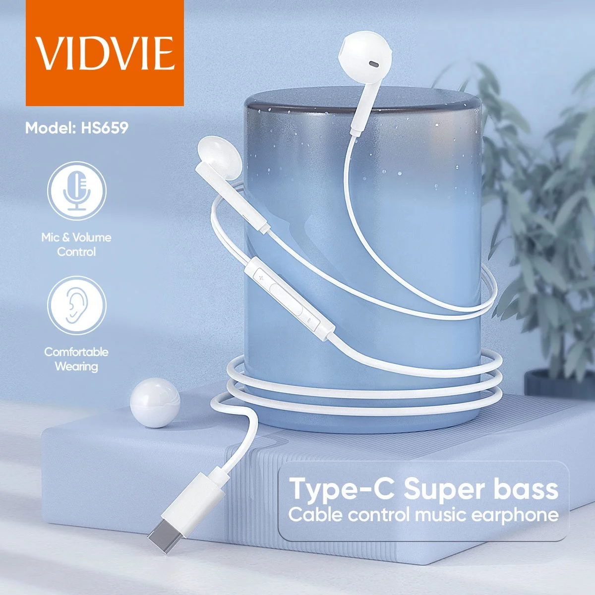 VIDVIE Stereo Real Android Digital USB Type C Handsfree Bass Mobile Wired Earphone With Mic Line Volume Control
