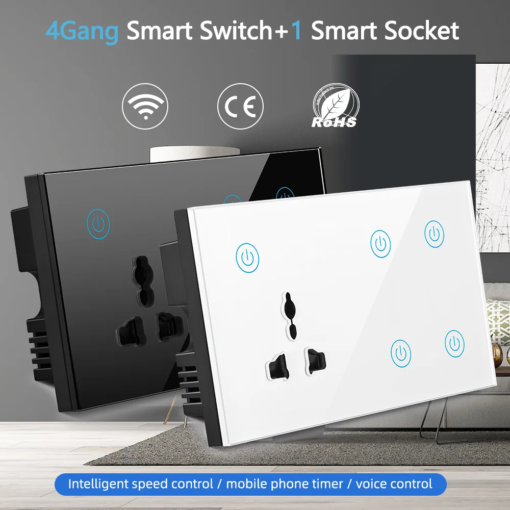 Smart WIFI 4Gang 1Way Wireless Touch Switch With 3Pn Electrical Multi Function Wall WIFI Socket with Alexa Google Home
