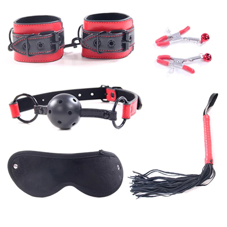 5pieces Black with Red Line Adult Sex Toys Bdsm Slave Male Leather Bondage  Kit