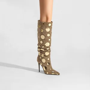OEM ODM Custom Gold Mirror Studded Suede Knee-High Boots for Women Pointed Toe Stiletto Heel Western Style for Summer Winter
