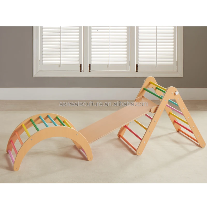 Asweets Montessori Color Wooden Climbing Triangle with Ramp Transformable Folding Indoor Gym Playground Climber Frame for Kid
