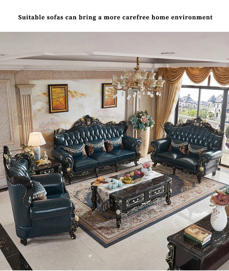 Europeanstyle Leather Combination Sofa Solid Wood Ebony Luxury Sofa