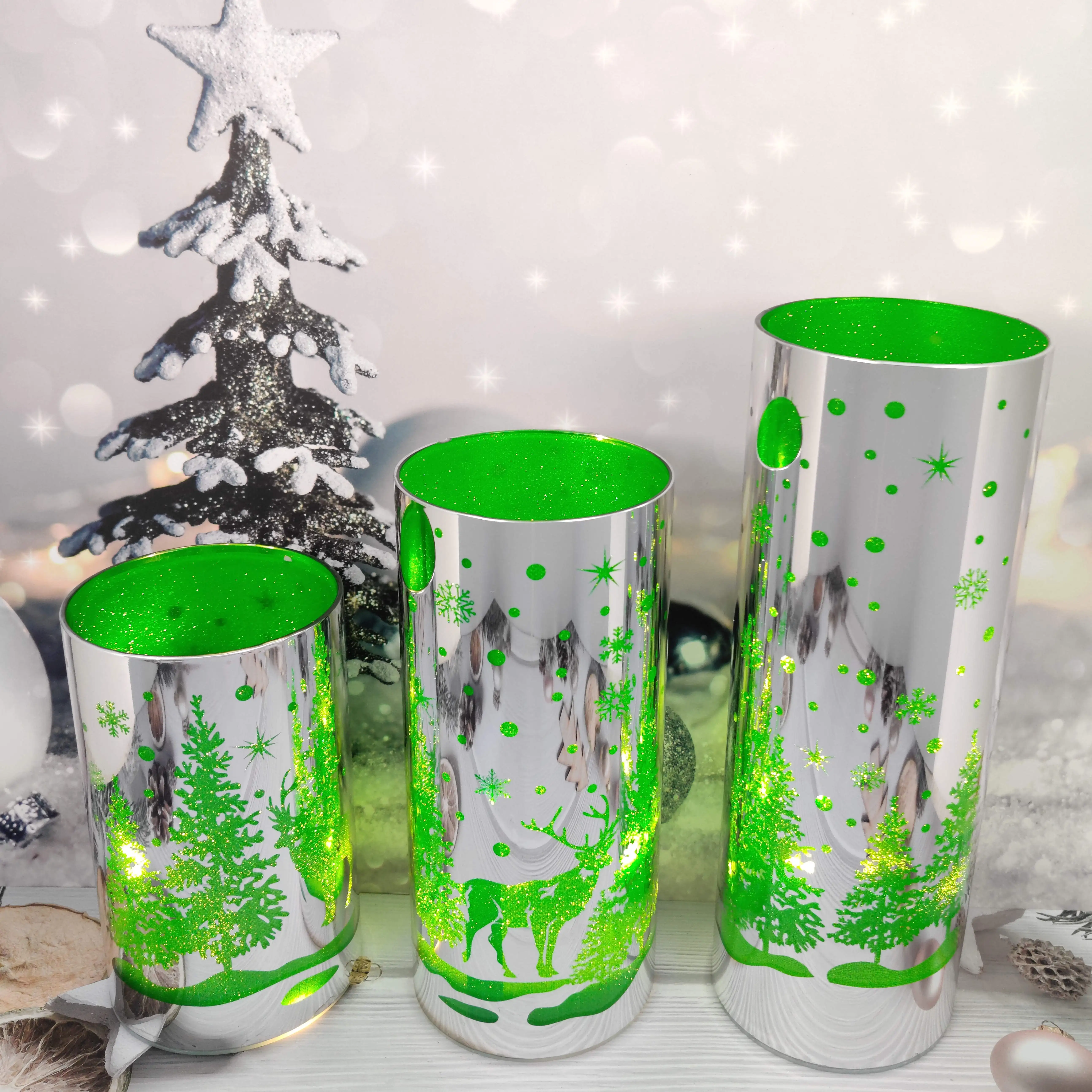 Battery operated led light up glass Christmas cylinder hurricane table decoration setting ideas manufacture