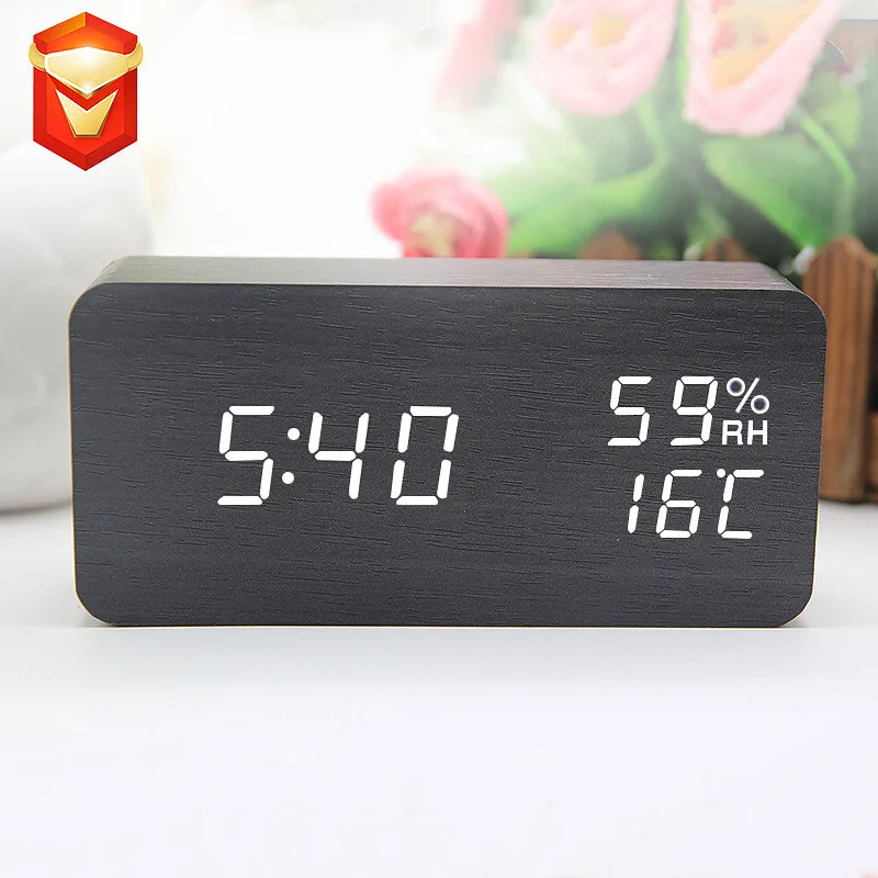 Top Sales Table Date Alarm Clock Wooden Alarm Clock Led Temperature Wooden Led Clock