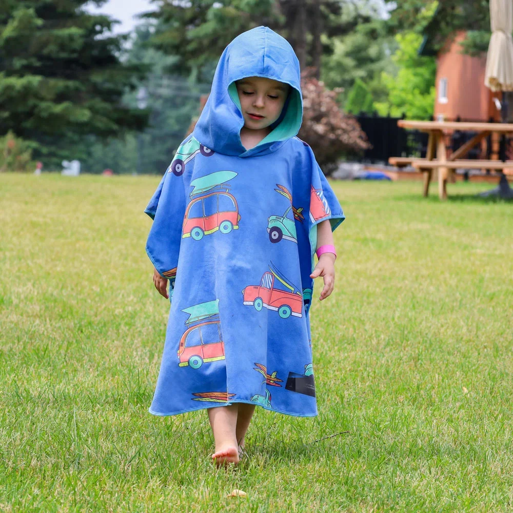 Custom Prints Cartoon Cheap Microfiber Kids Swimming Children Beach Hooded Wearable Poncho Towel details