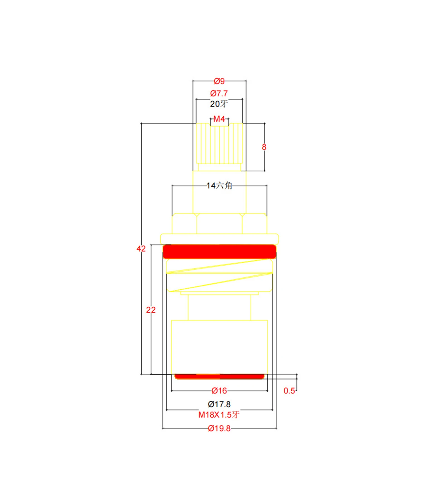 Hot and Cold Water Heating Universal Copper Brass Faucet Accessories Quick Opening Water Split Long Cartridge 39.5mm High