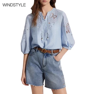 Women's High-End Chic Blue Satin Shirt Floral Embroidered Hollow Woven Loose Fit Breathable Summer Fashion