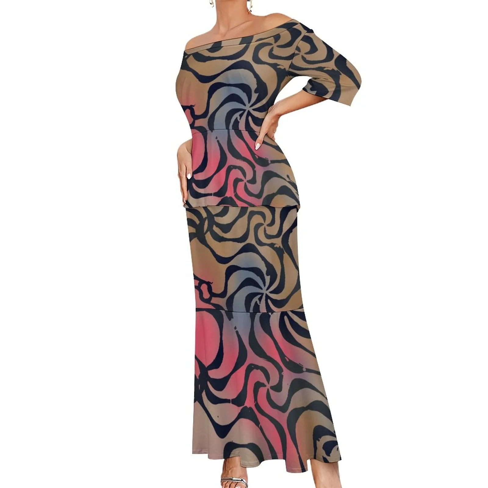 polynesian bridesmaid dresses Polynesian Hawaiian brown blue floral tattoo design Dress Long veiled dresses Bridesmaid dress woman