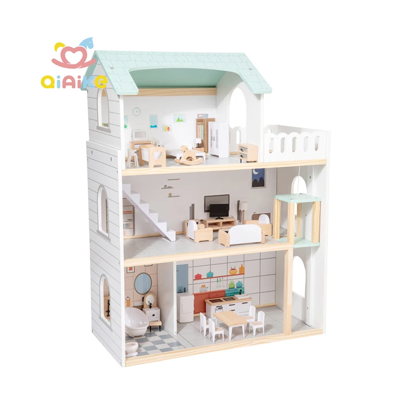 三層構造の木製ごっこ遊びハウス 子ども用ミニ寝室とリビングルーム家具セット 女の子向け木製ドールハウス